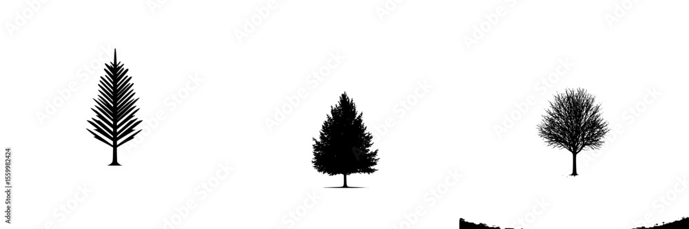 Poster silhouette pictograms of three distinct tree types against a white background ideal for design use