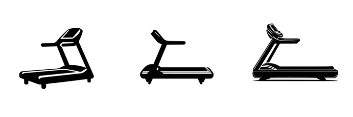 Silhouette pictograms of treadmills showcasing three distinct designs for fitness and exercise activities