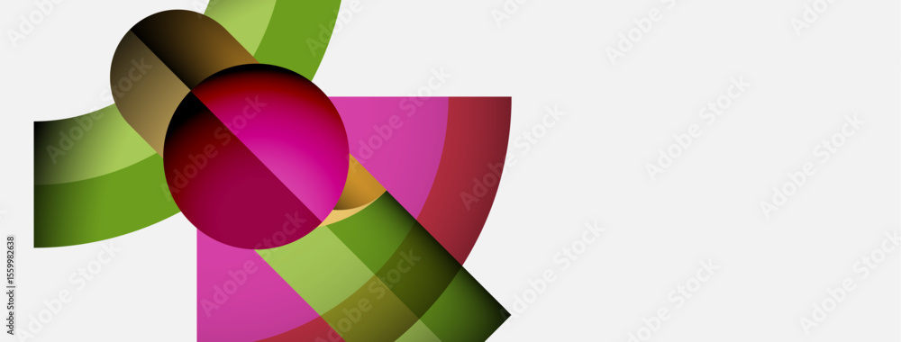 Poster Abstract composition features overlapping colorful shapes. Pink, green, brown hues create dynamic visual effect. Modern design element.