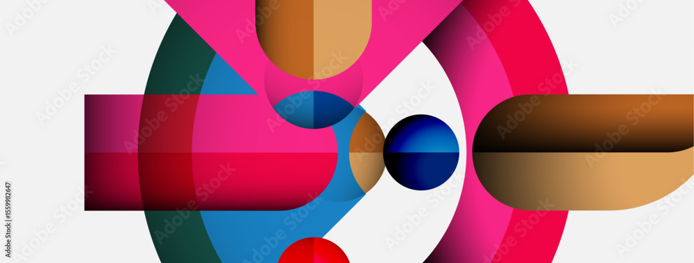 Poster Abstract composition featuring overlapping colorful circles, curves, shapes. Modern design with vibrant hues, clean lines, simple geometry.