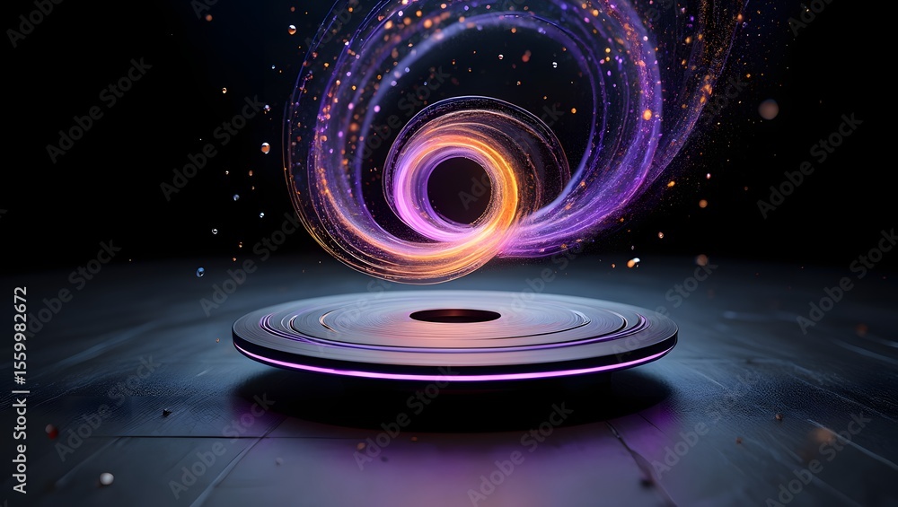 Poster futuristic product showcase stage with glowing light effects and abstract particle swirls design