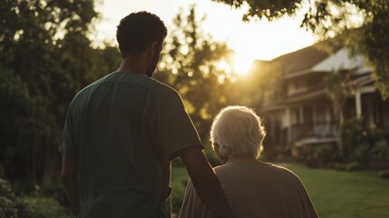 Young man assists elderly woman during evening stroll in a serene garden near historic homes at sunset