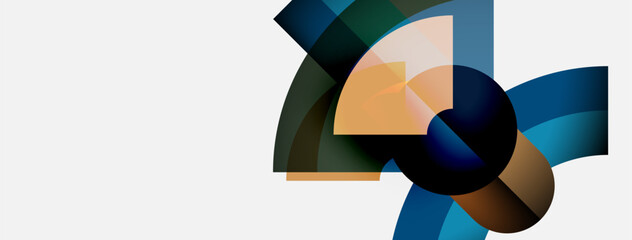 Abstract shapes overlap, creating dynamic composition. Colors blendblues, browns, orangeson white background. Modern design element.