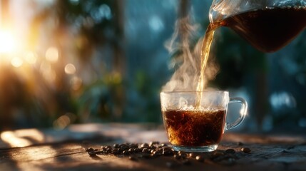 A beautifully composed image of steaming coffee being poured into a clear glass cup, capturing the warmth and inviting aroma of freshly brewed coffee in a cozy setting.