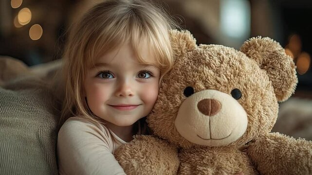 little girl with teddy bear and little girl smiling with little girl cozy moment, cozy indoor childhood moment, cute girl with teddy bear, emotional child portrait at home