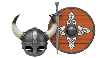 Isolated Viking Helmet, Shield, and Sword