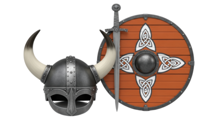 Isolated Viking Helmet, Shield, and Sword