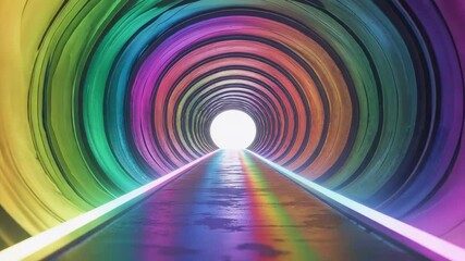 Starting camera moving through neon-lit tunnel, showing shifting rainbow rings and bright exit - Powered by Adobe