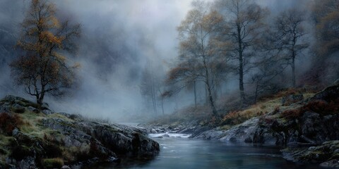 Misty autumn river landscape. Moody, serene atmosphere. Ideal for websites, publications, and advertising.