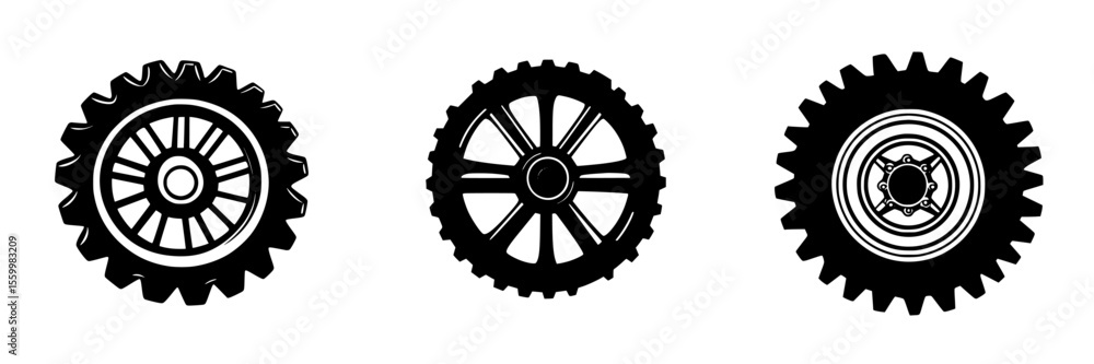 Poster collection of silhouettes depicting various types of gears designed for digital applications and gra