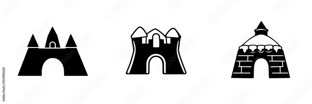 Poster silhouette pictograms of various castle designs displayed in a simple vector format for graphic appl