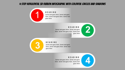 4 Step Horizontal 3D Ribbon Infographic with Colorful Circles and Shadows. Fully Editable SVG for PowerPoint, Web, Illustrator, and most vector-based applications.