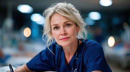 A dedicated nurse in scrubs writes down notes in a hospital setting, highlighting her commitment and professionalism amidst a busy healthcare environment focused on patient care.