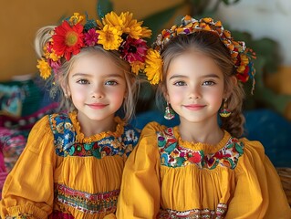 Multiracial twin sisters in festive traditional attire