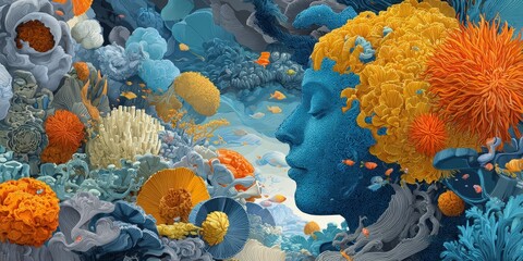 Surreal underwater scene, woman's face merges with vibrant coral reef. Dreamlike, colorful art for websites, print, and social media.