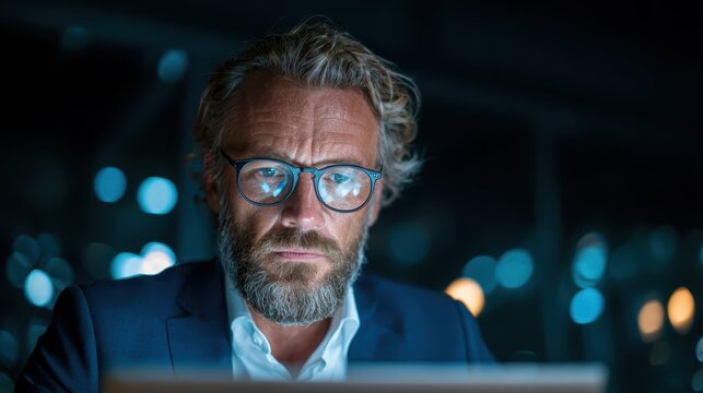 A serious businessman stares intently at his laptop screen in a dimly lit office, portraying concentration and dedication to his work in a modern corporate environment.