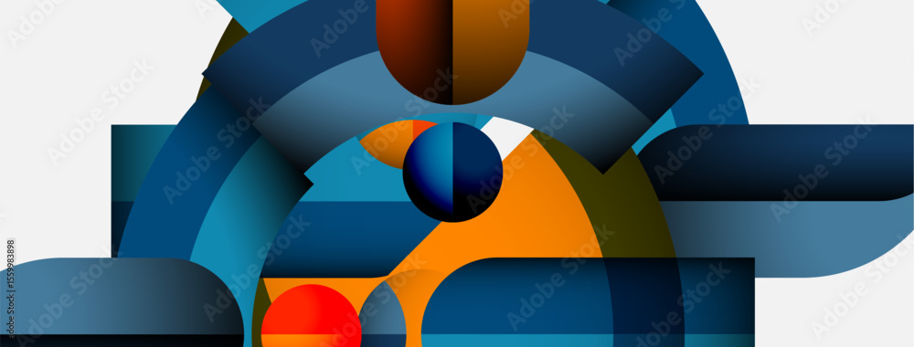 Aufkleber Abstract geometric composition. Shapes overlap, creating dynamic visual interest. Colors include blues, oranges, browns, reds. Modern design.