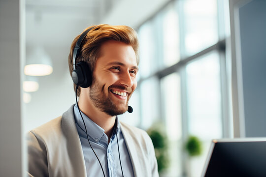 Una mujer sonriente con auriculares y micr&oacute;fono trabaja en una oficina moderna frente a la computadora. Representaci&oacute;n visual del servicio al cliente profesional, la comunicaci&oacute;n efectiva y el apoyo.