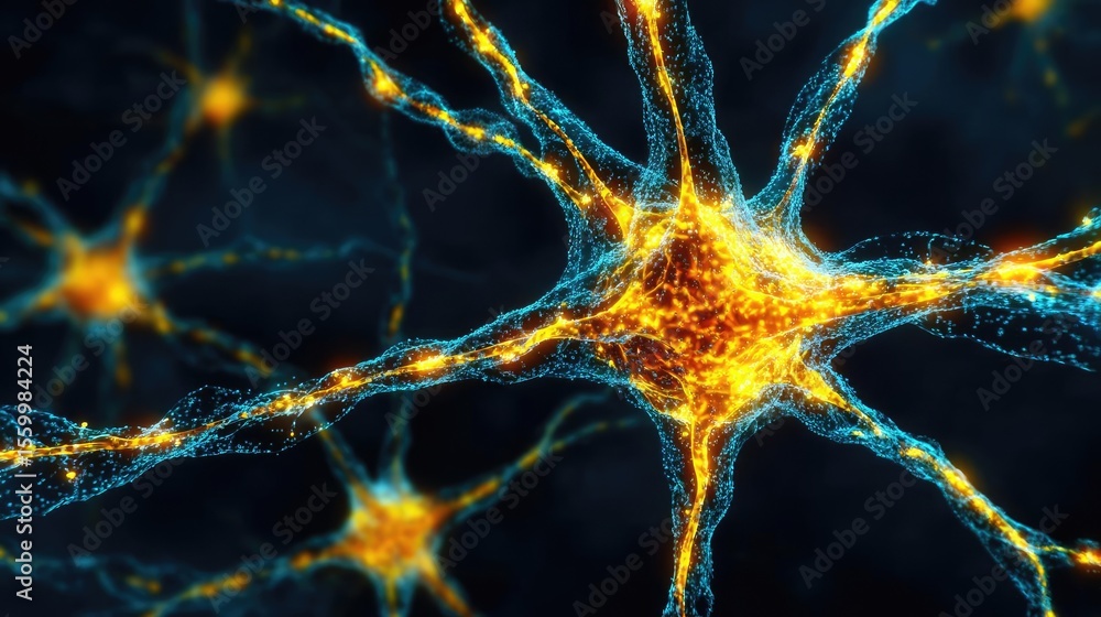 Aufkleber Neuro logic for adaptive neuron and biological concept. Close-up of glowing neurons showcasing intricate details.