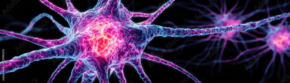 Poster neuro logic for adaptive neuron and biological concept. detailed illustration of vibrant neurons wit