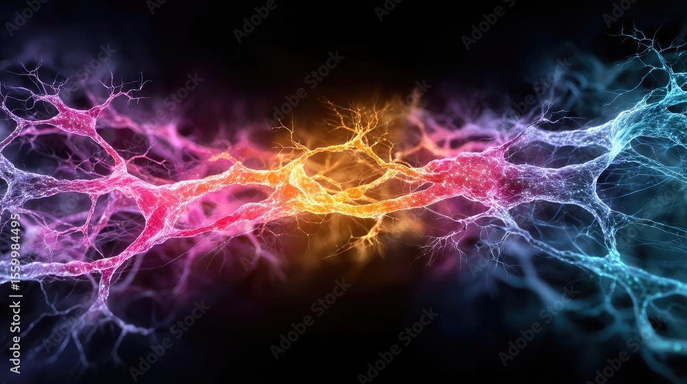 Poster Neuro logic for adaptive neuron and biological concept. Abstract representation of neural connections with colorful energy.