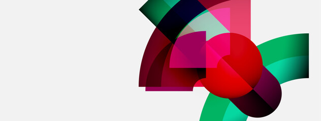 Fototapeta premium Abstract shapes overlap, creating vibrant color blends. Red sphere dominates composition, surrounded by green, pink hues. Modern design.