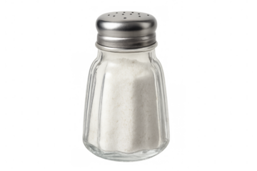 Glass salt shaker filled with salt on transparent background