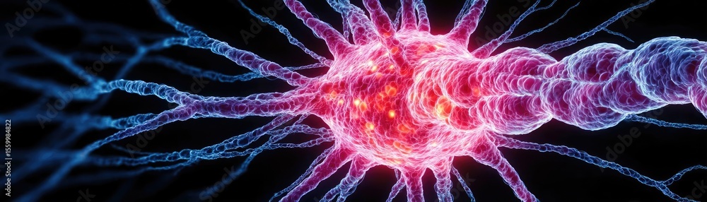 Poster neuro logic for adaptive neuron and biological concept. detailed illustration of a neuron with vibra