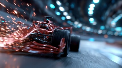 A close-up shot of a sleek racing car blurring past with flying sparks in a motion-filled environment, representing speed and excitement in the world of motorsports.