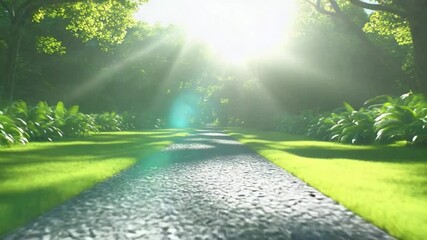 sunlight forest path with sunlight through trees and sunlight nature background, peaceful forest nature walk, eco wellness retreat path, sunlight trail in green woods