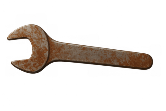 Rusty wrench on transparent background representing maintenance and repair