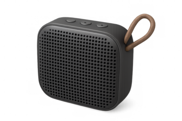 Portable wireless speaker with leather strap on transparent background