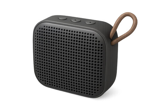 Portable wireless speaker with leather strap on transparent background