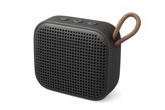 Portable wireless speaker with leather strap on transparent background