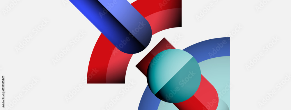 Poster Abstract shapes overlap, creating dynamic composition. Red, blue, teal hues dominate white background. Modern design elements present.