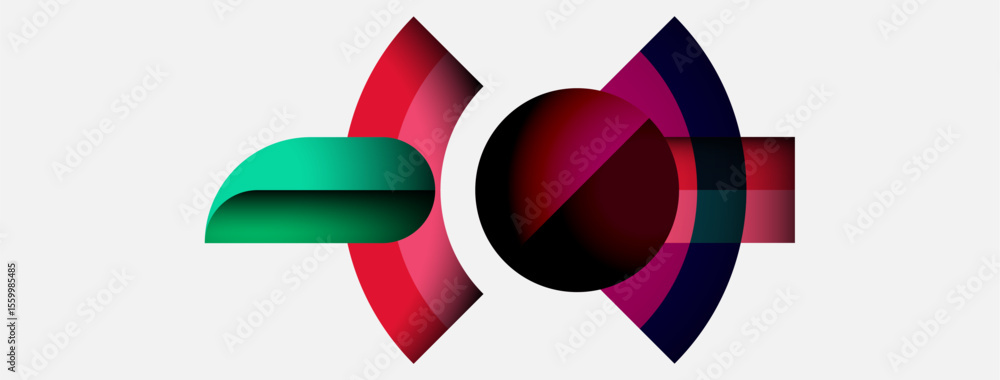 Poster Abstract graphic design features colorful overlapping arcs, circles. Composition evokes dynamic movement, modern aesthetic.