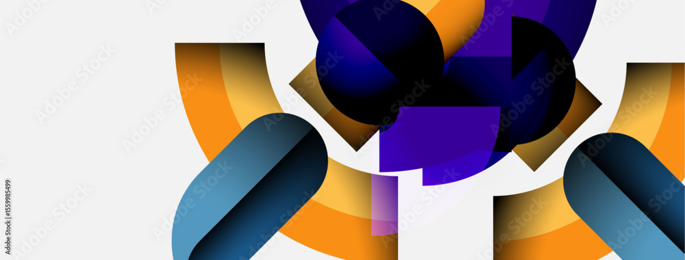 Poster abstract shapes overlap, creating dynamic composition. orange, blue, purple hues dominate white back