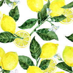 Watercolor Lemons seamless pattern. Fresh Fruity print with lemons and leaves. Mediterranean style. Ready summer print design for wallpapers, wrappings, textile.