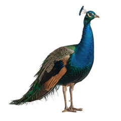 Peacock standing with vibrant plumage on white background  