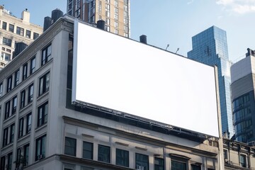 A wide white billboard on top of a building, in new york, mockup, A large white billboard on a New York building, displaying a mockup, with city skyline visible in the background