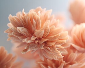 Close up of a light orange flower with many petals against a soft blue and white background