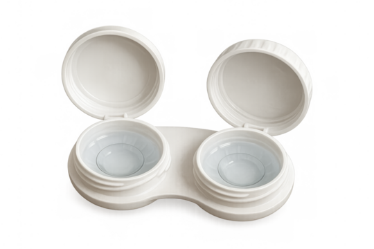 Contact lenses soaking in solution inside open white case on transparent background