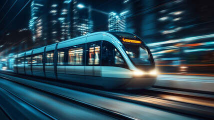Sleek monorail glides through a futuristic cityscape, embodying advanced urban mobility and innovation.
