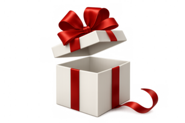 Open white gift box with red ribbon on transparent background