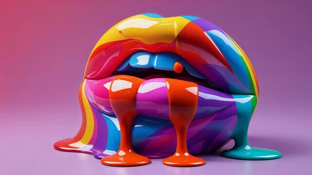 Slender orange-red paint descending onto rainbow-striped lips on platform, forming dripping droplet