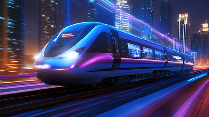 Sleek monorail glides through a futuristic cityscape, embodying advanced urban mobility and innovation.

