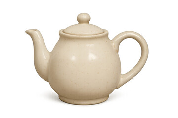 Beige ceramic teapot with lid on transparent background