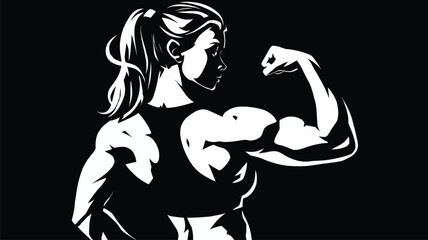 Fit woman flexing her biceps, isolated against black background