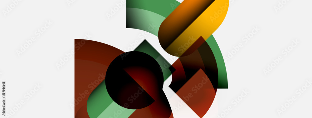 Poster abstract shapes overlap, creating dynamic composition. colors include green, brown, orange, black. m