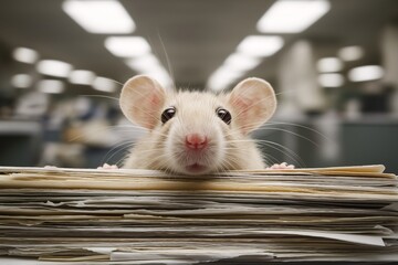 Curious Mouse: A close-up captures the adorable expression of a mouse peeking over a stack of papers in an office environment, hinting at the mouse's playful nature and curiosity